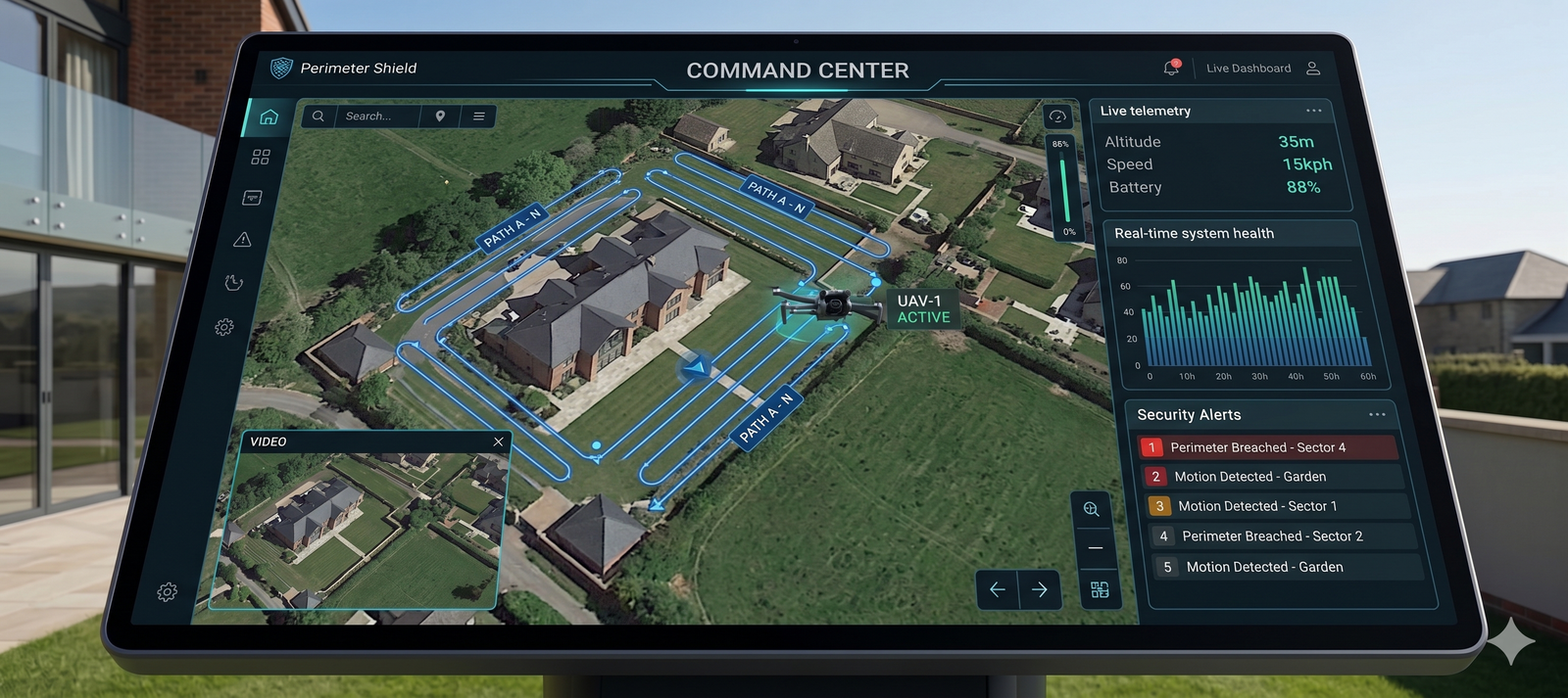 Security command dashboard showing automated patrol routes and alerts